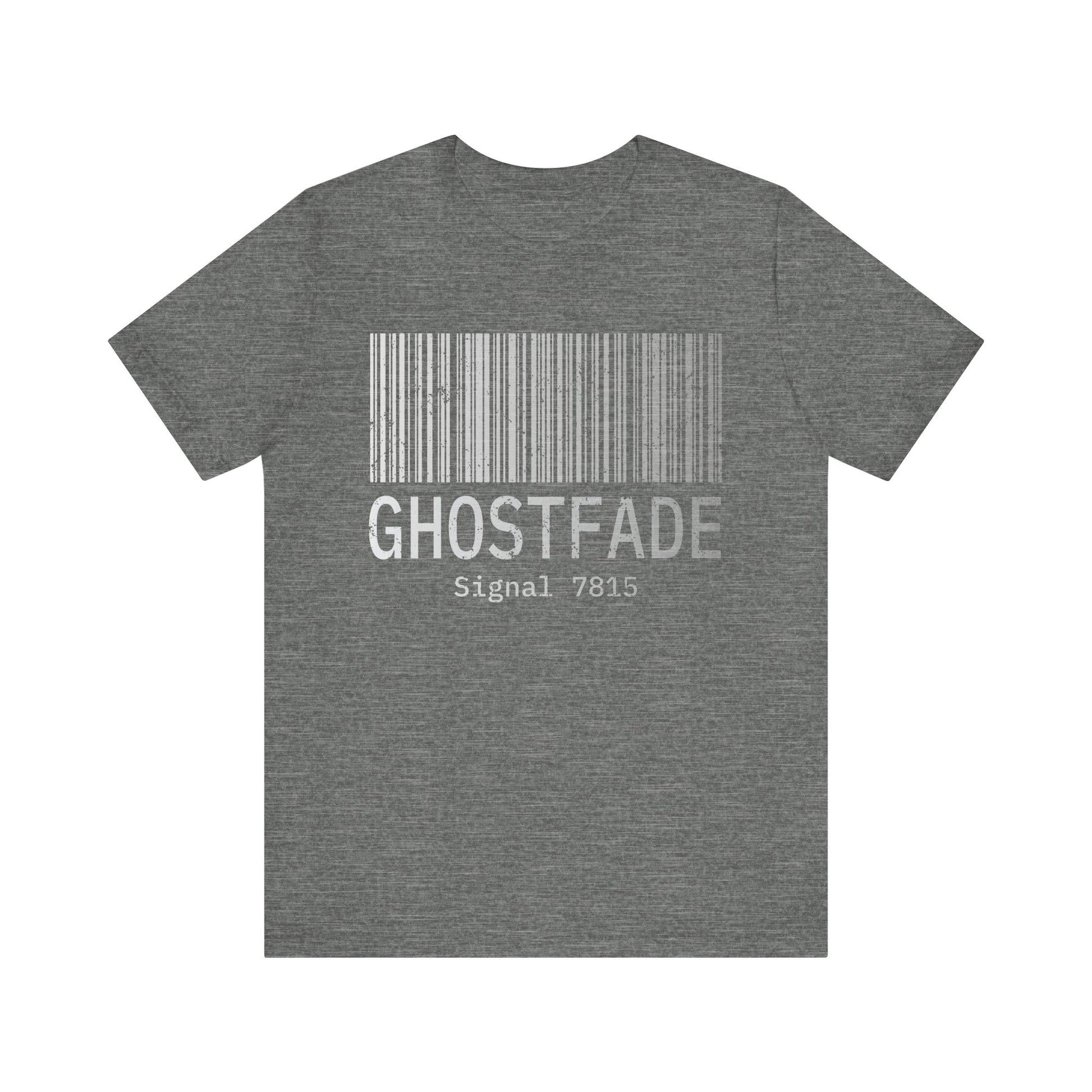 Gray t-shirt with a barcode and text on the back against a white background