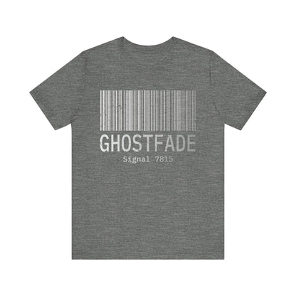 Gray t-shirt with a barcode and text on the back against a white background
