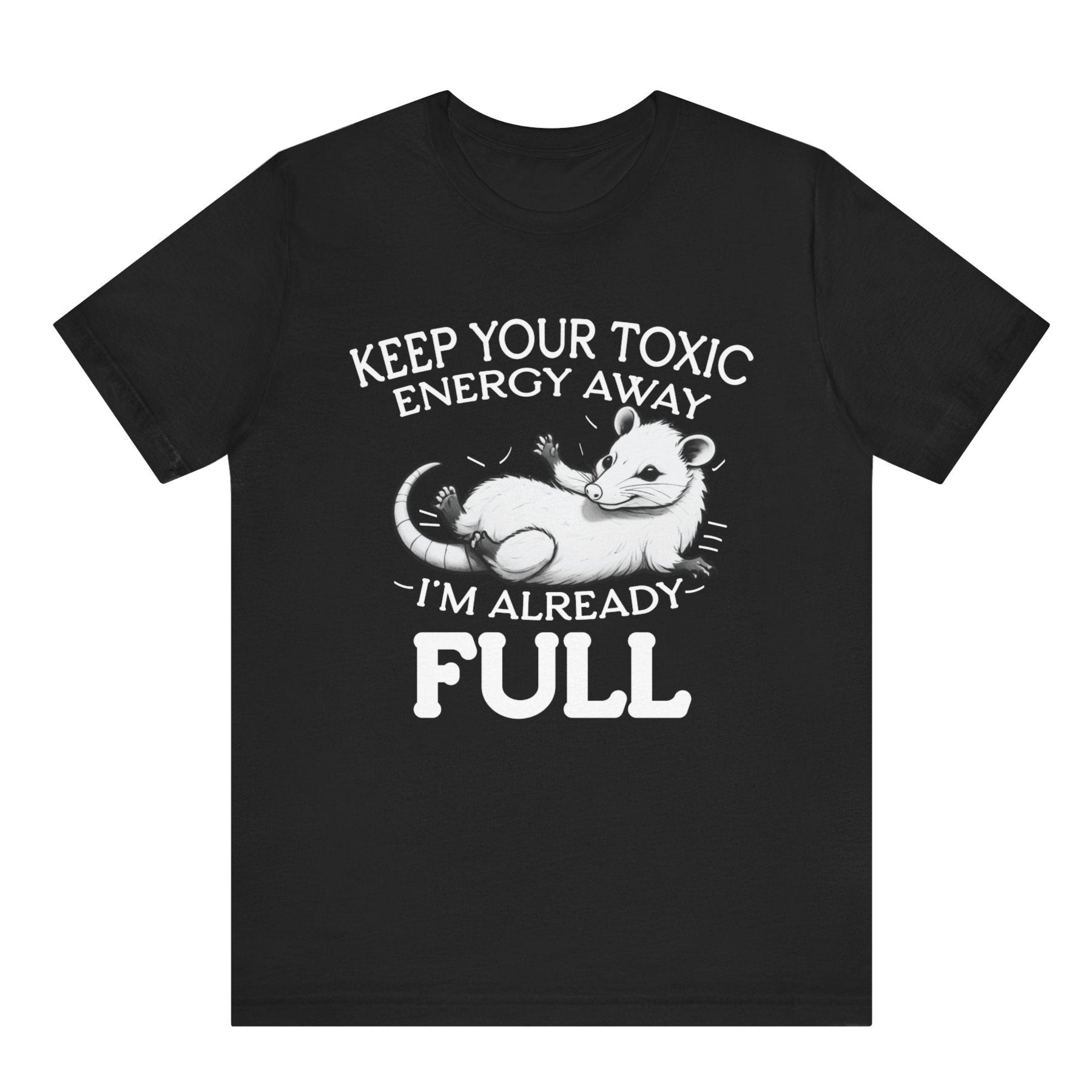Black t-shirt with white graphic and text on a white background