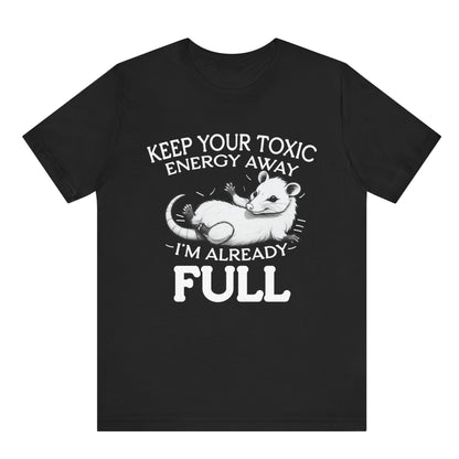 Black t-shirt with white graphic and text on a white background