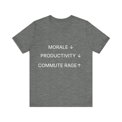 Gray t-shirt with white text on a white background