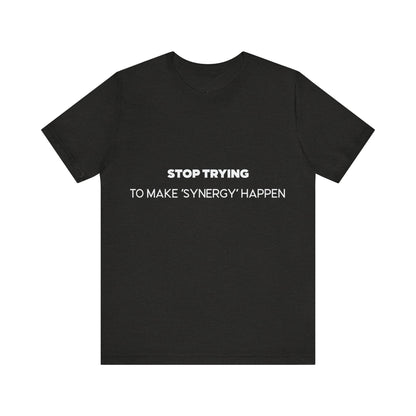 Black t-shirt with white text on a white background