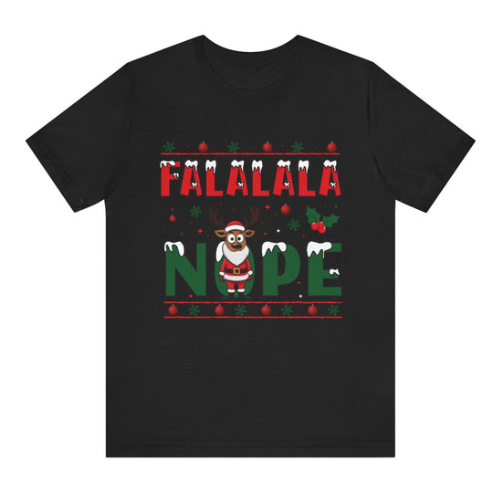 Black t-shirt with Christmas-themed text and graphics on a white background