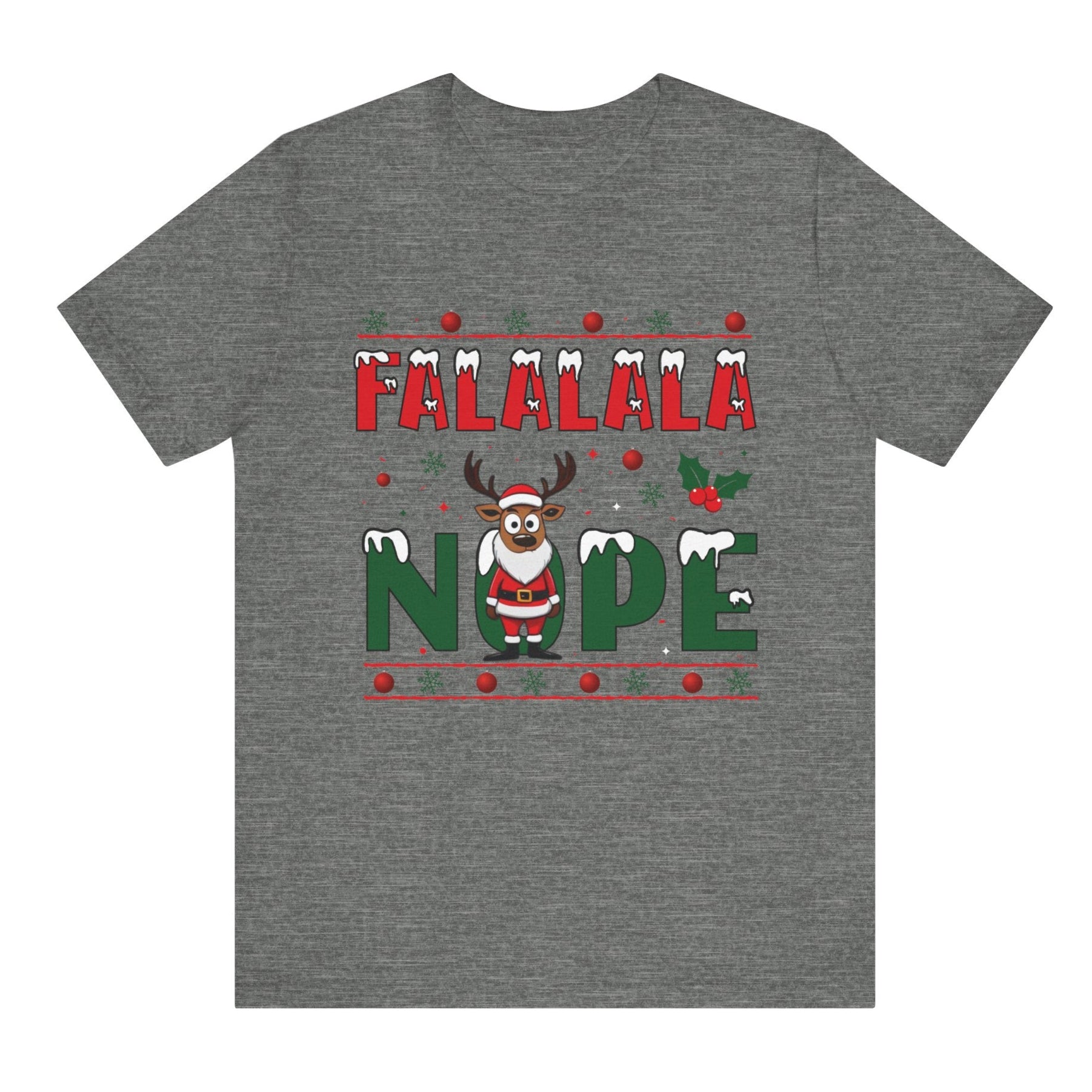 Gray t-shirt with Christmas-themed graphic and text on a white background