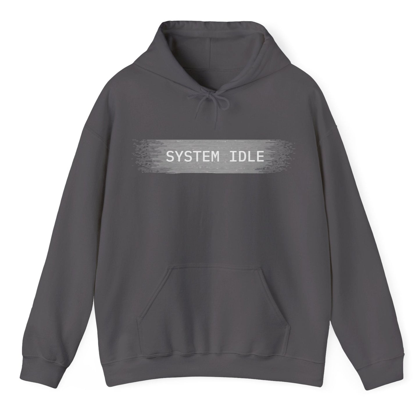 Gray hoodie with 'SYSTEM IDLE' text on a white background