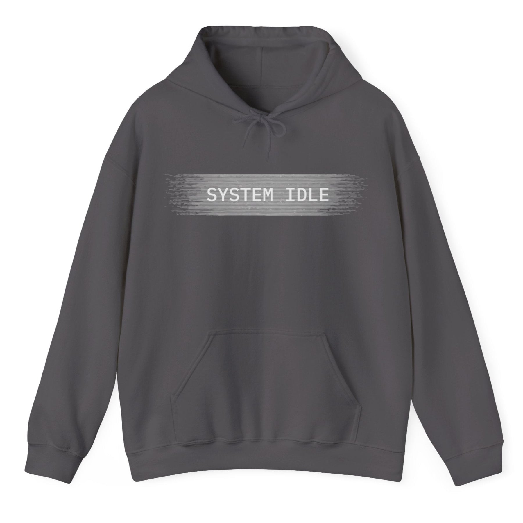 Gray hoodie with 'SYSTEM IDLE' text on a white background
