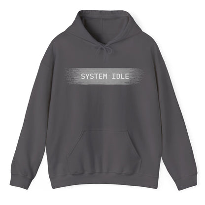Gray hoodie with 'SYSTEM IDLE' text on a white background