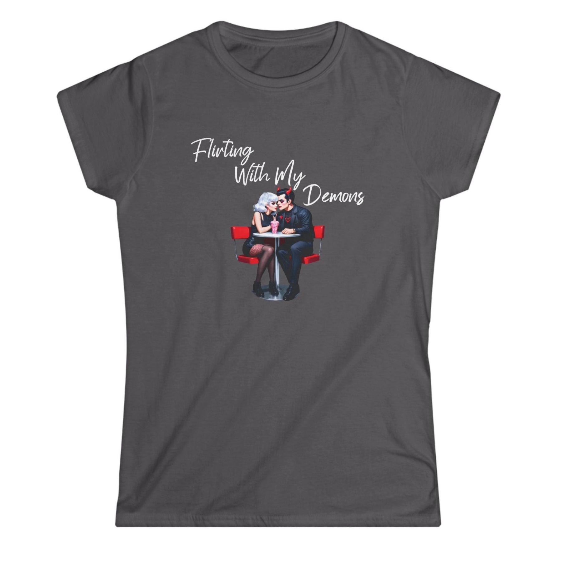 Gray t-shirt with graphic design and text 'Flirting With My Demons' on a white background