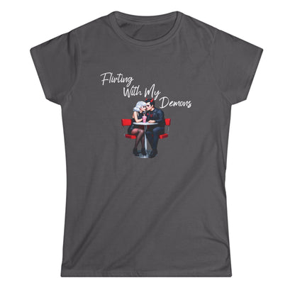 Gray t-shirt with graphic design and text 'Flirting With My Demons' on a white background