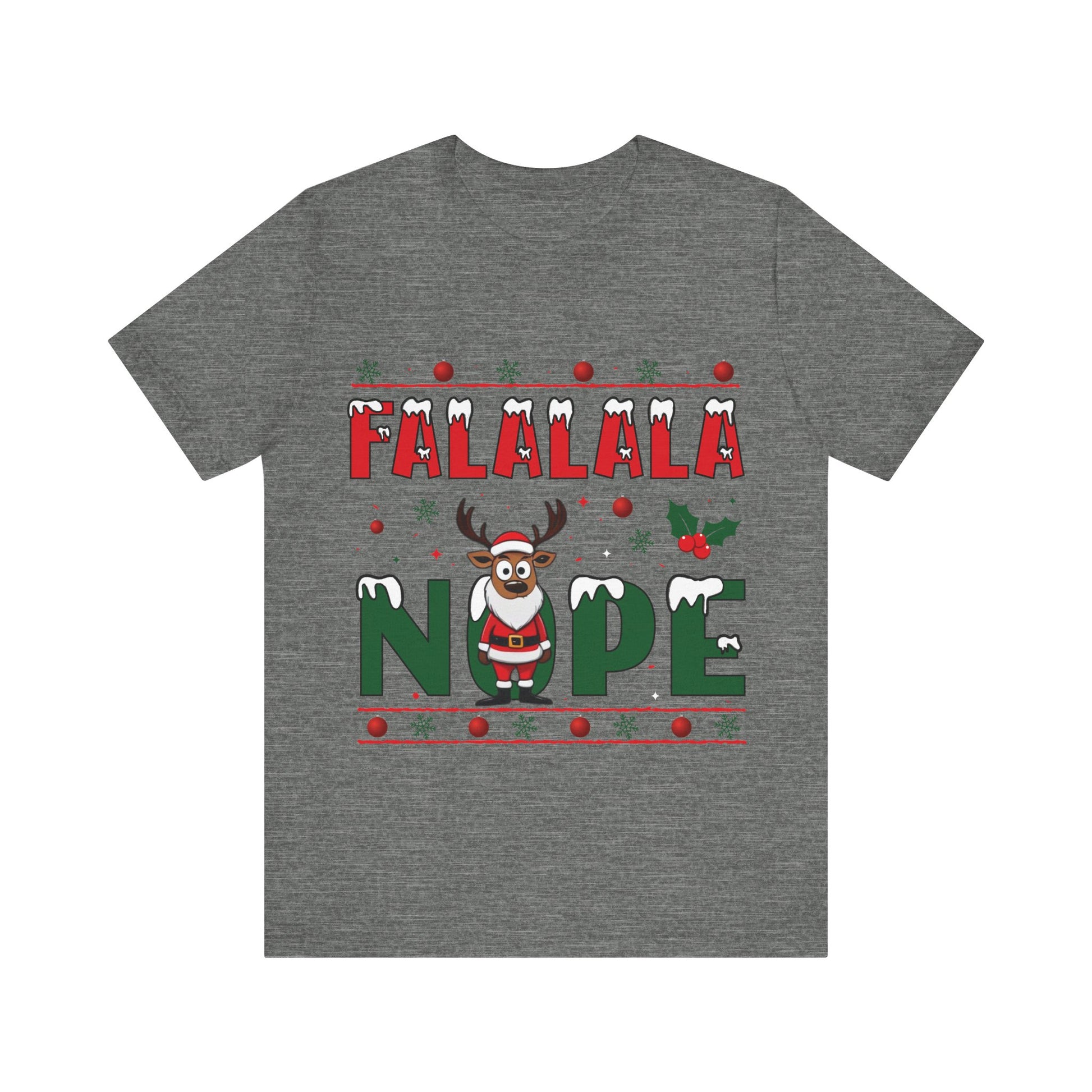 Gray t-shirt with Christmas-themed design featuring a reindeer and text on a white background
