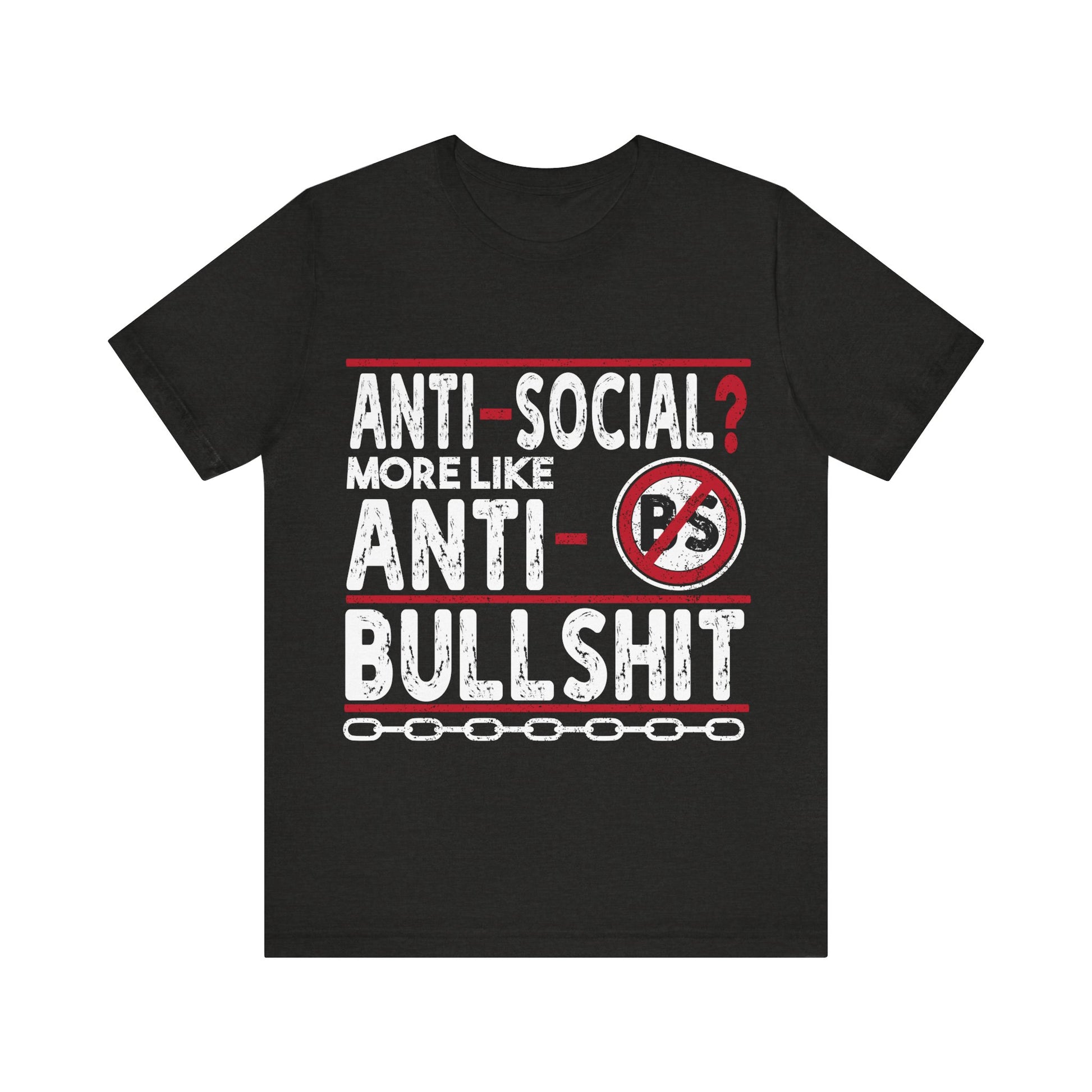 Black t-shirt with white and red text on a white background