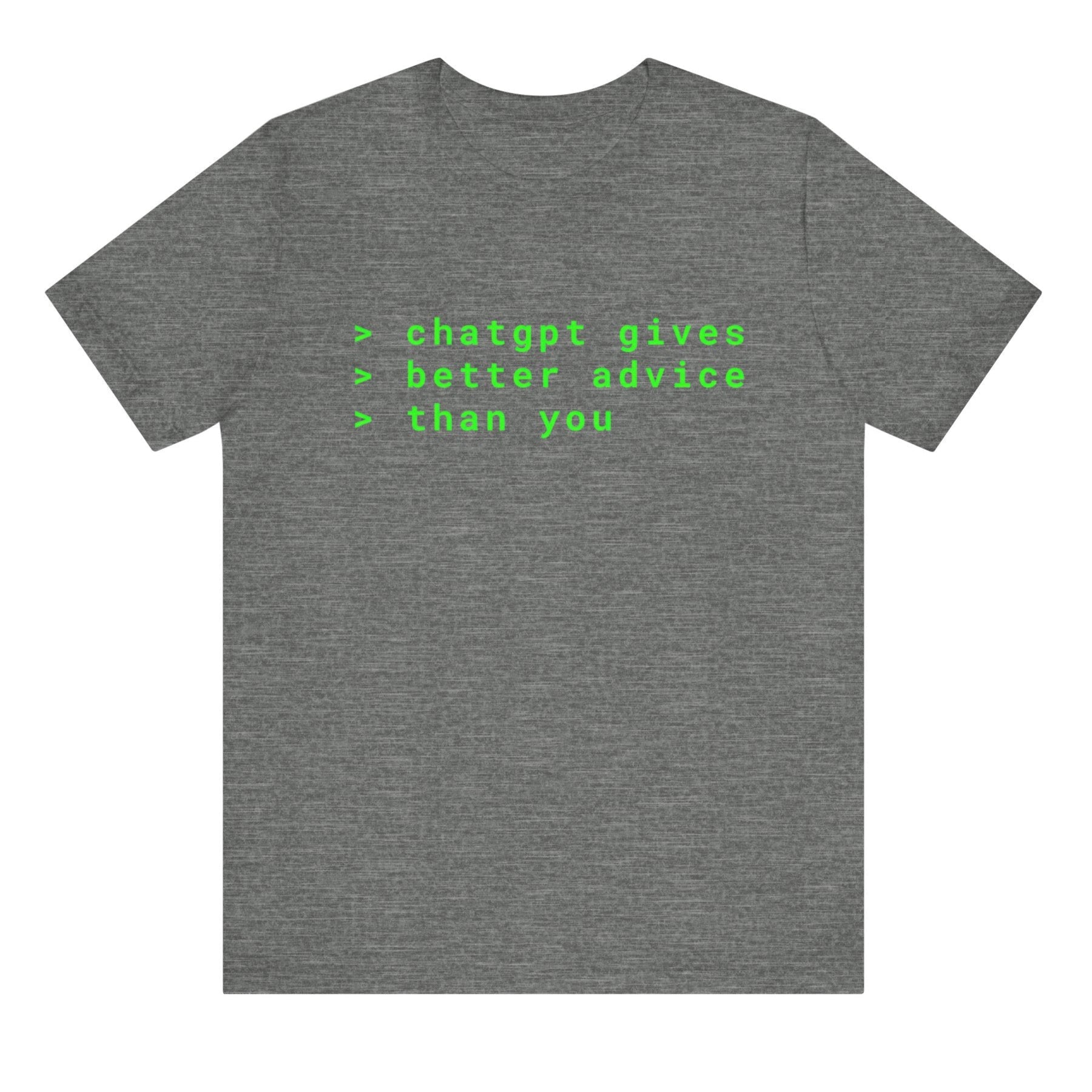 Gray t-shirt with green text on a white background