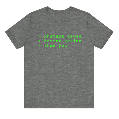 Gray t-shirt with green text on a white background
