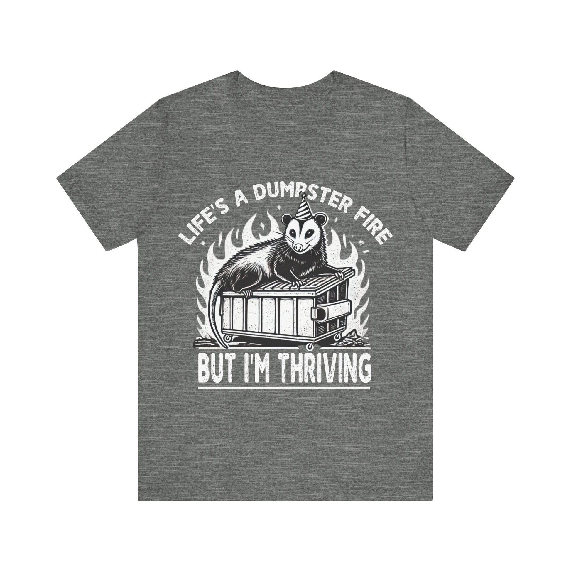 Gray t-shirt with graphic design and text on a white background