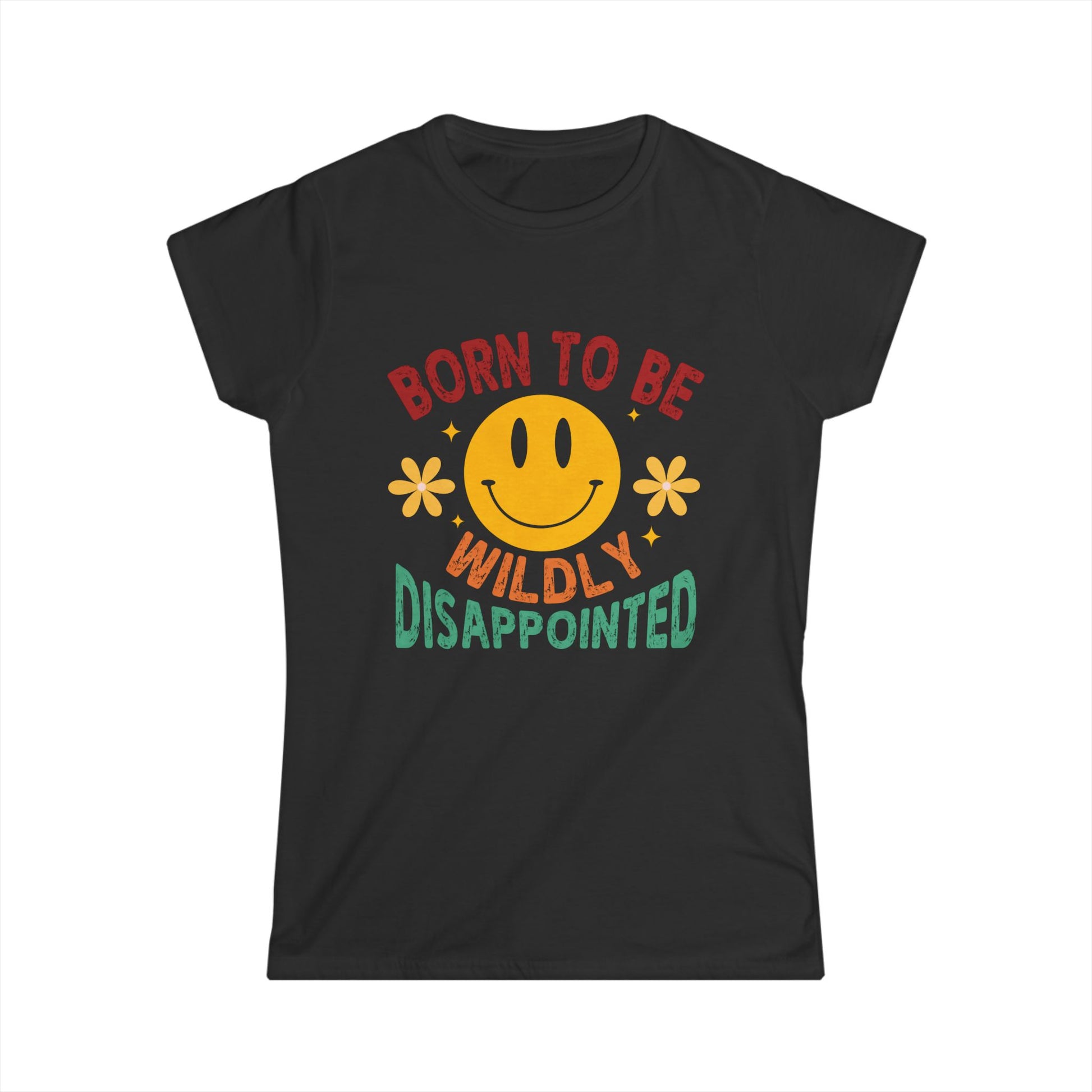 Black t-shirt with a smiley face and text design on a white background