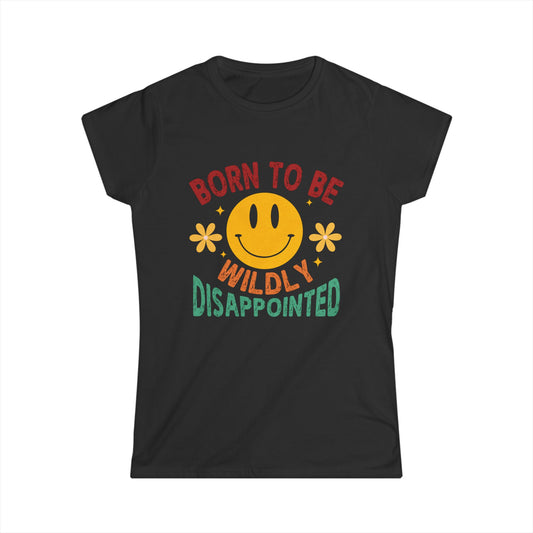 Black t-shirt with a smiley face and text design on a white background