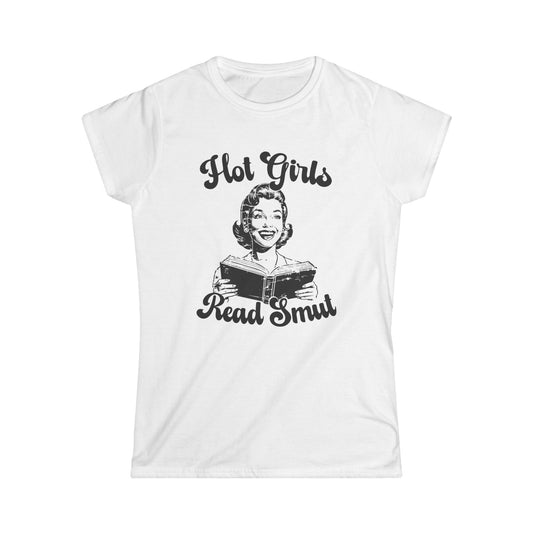 White t-shirt with black graphic and text 'Hot Girls Read Simul' on a white background