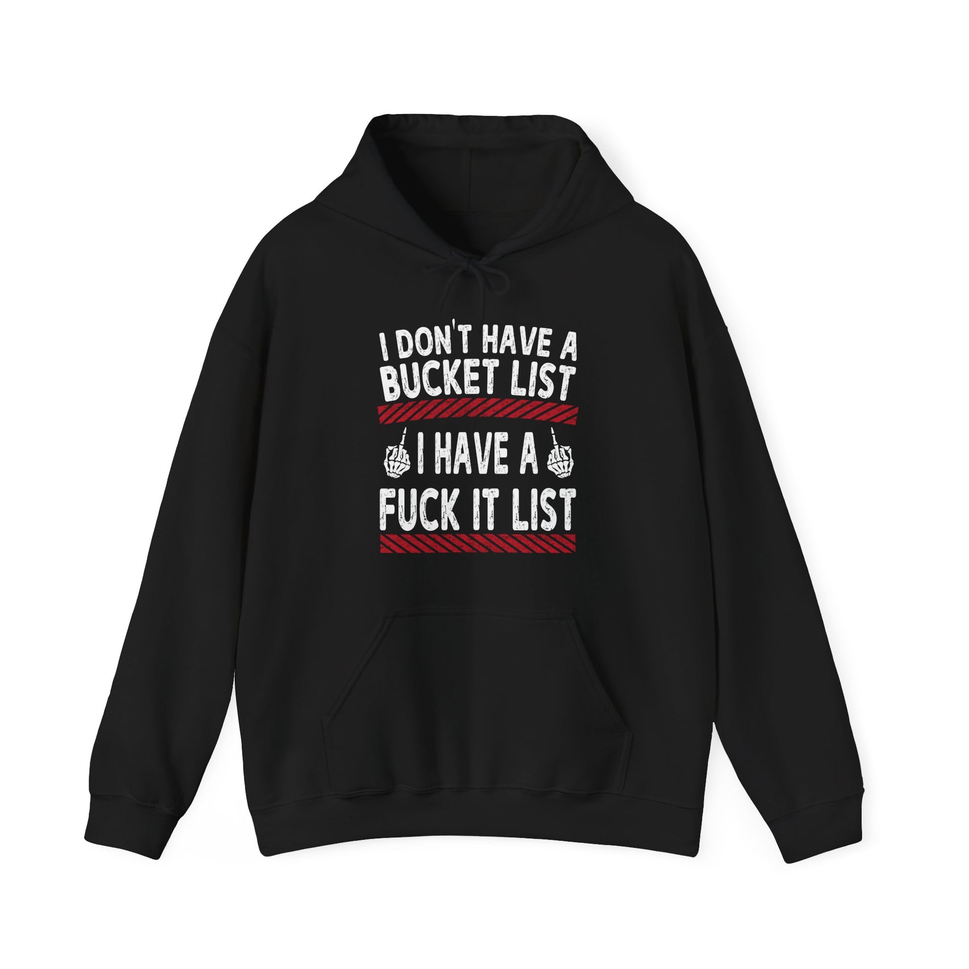 Black hoodie with humorous text design on a white background