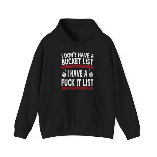 Black hoodie with humorous text design on a white background