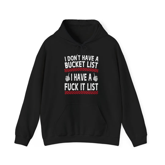 Black hoodie with humorous text design on a white background