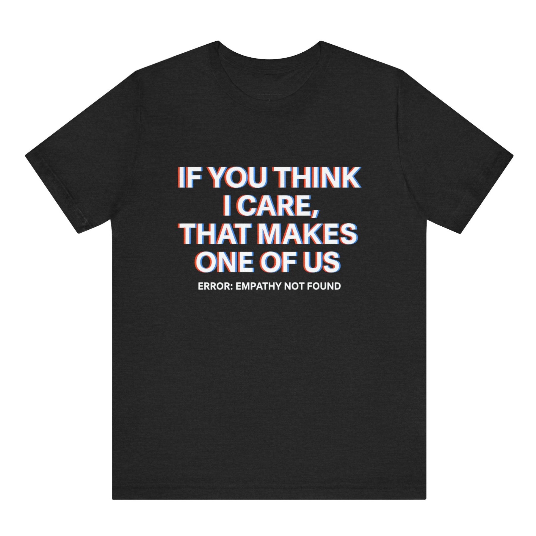 Black t-shirt with white text on a white background