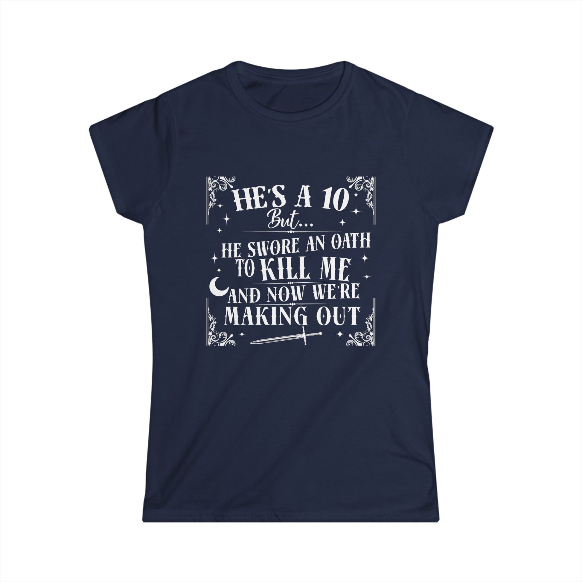 Navy blue t-shirt with white text on a white background