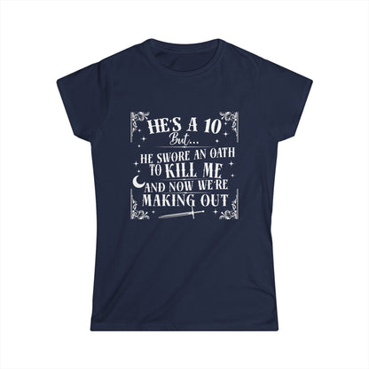 Navy blue t-shirt with white text on a white background