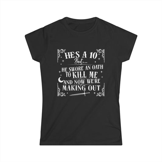 Black t-shirt with white text and graphics on a white background