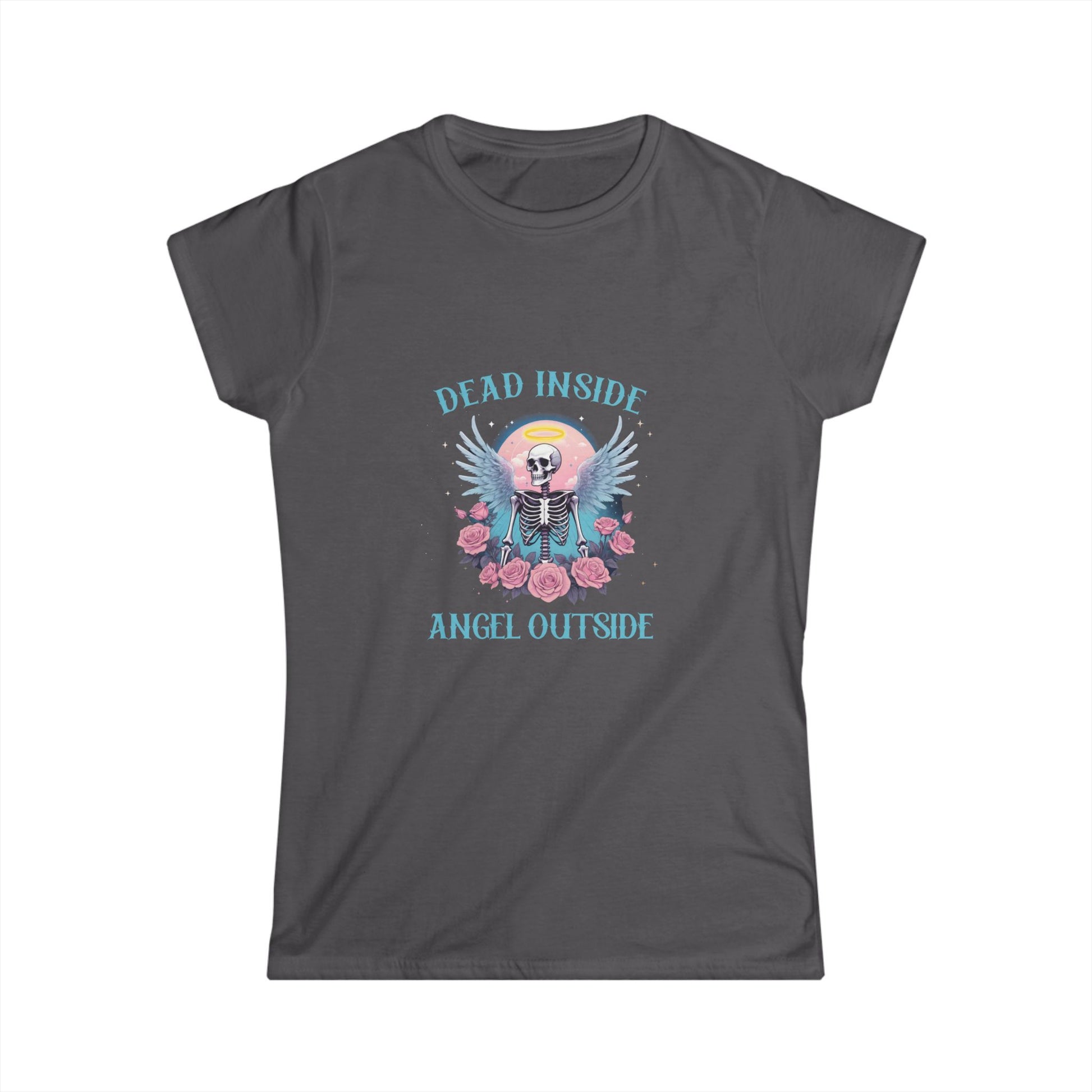 Gray t-shirt with a skeleton and floral design on a white background