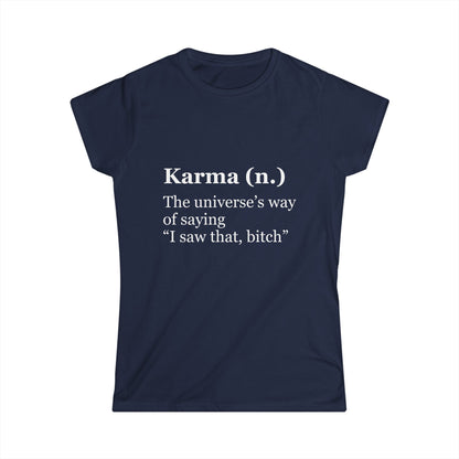 Navy blue t-shirt with white text on a white background