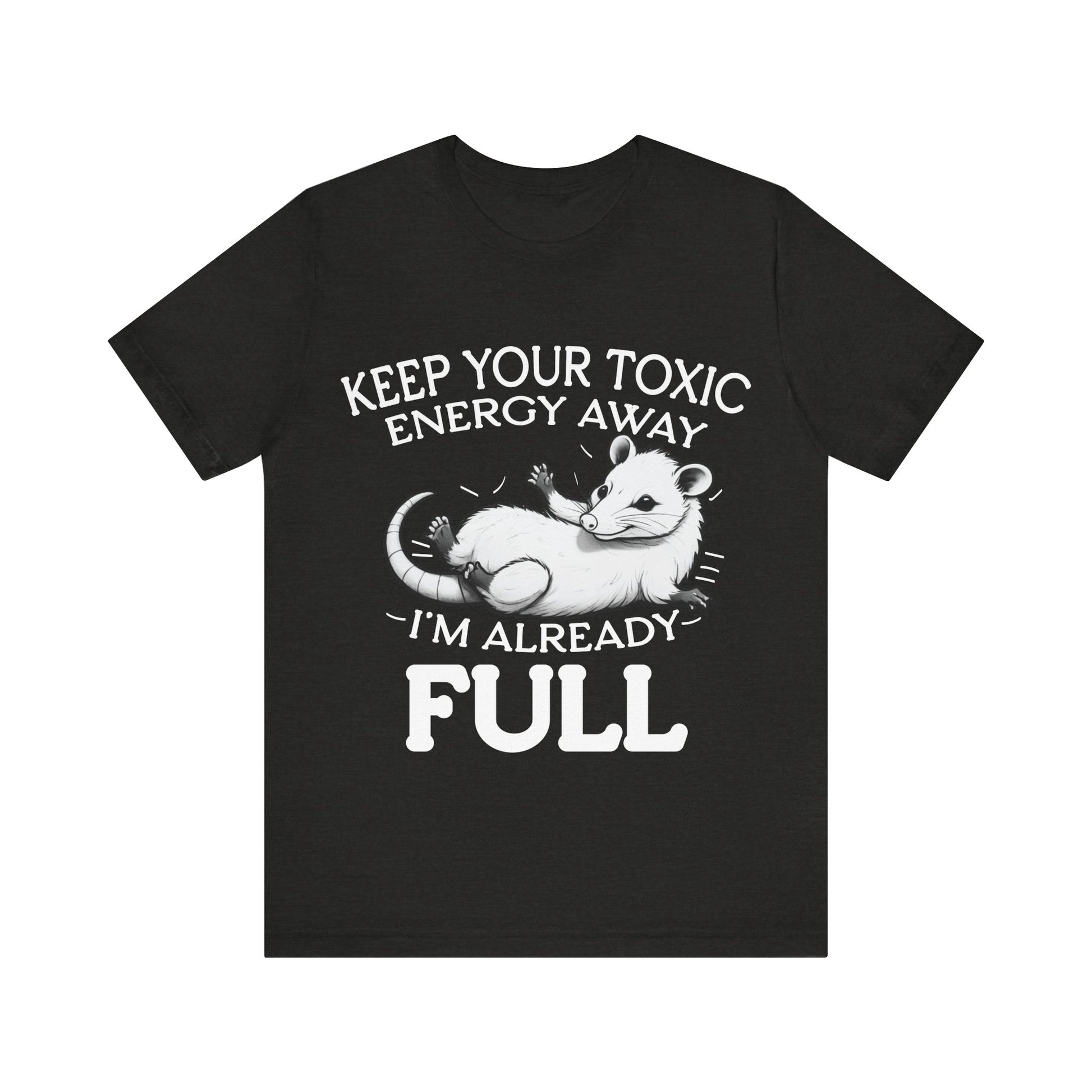 Black t-shirt with a graphic of an opossum and text on a white background