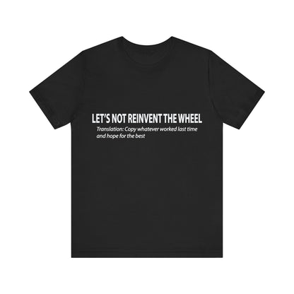 Black t-shirt with white text on a white background