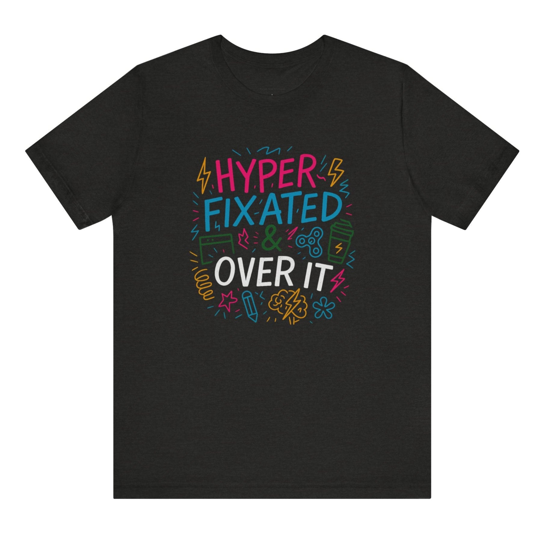Black t-shirt with colorful text design on a white background