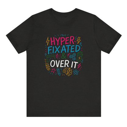 Black t-shirt with colorful text design on a white background