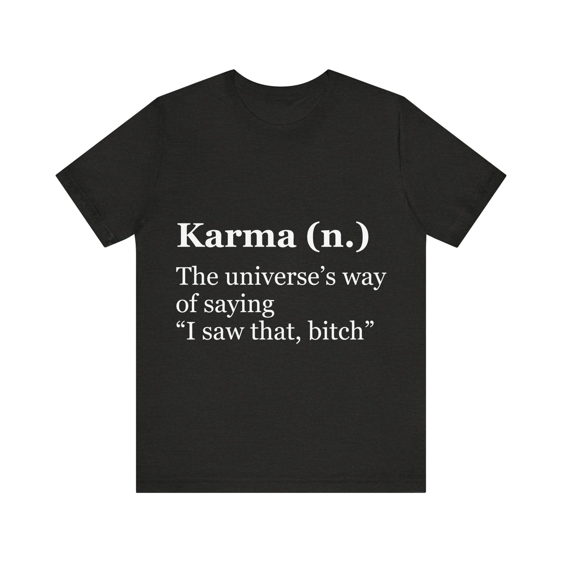 Black t-shirt with white text on a white background