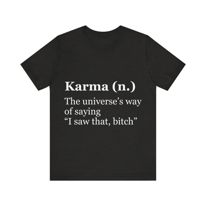 Black t-shirt with white text on a white background