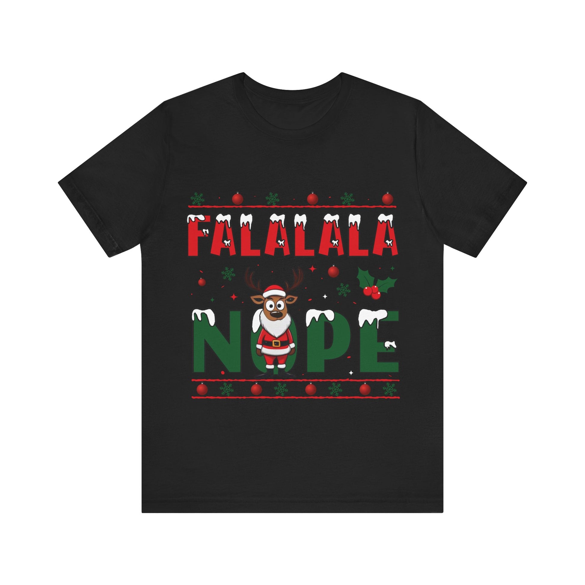 Black t-shirt with Christmas-themed design featuring a reindeer and text on a white background