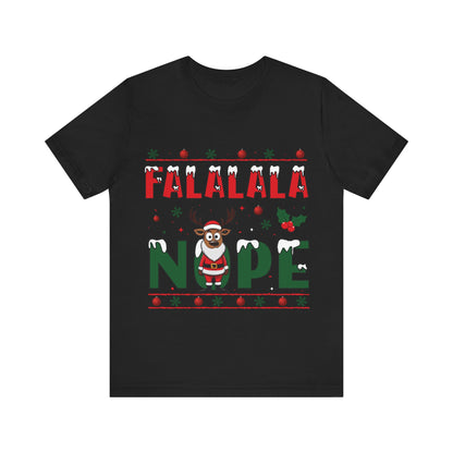 Black t-shirt with Christmas-themed design featuring a reindeer and text on a white background