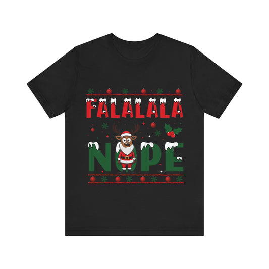 Black t-shirt with Christmas-themed design featuring a reindeer and text on a white background
