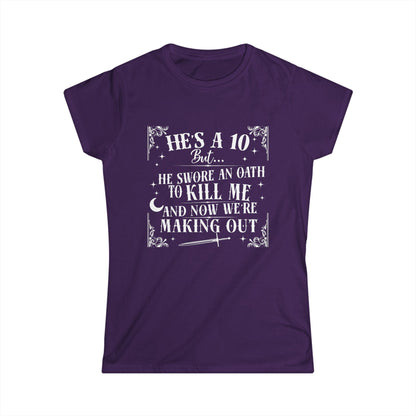 Purple t-shirt with white text on a white background