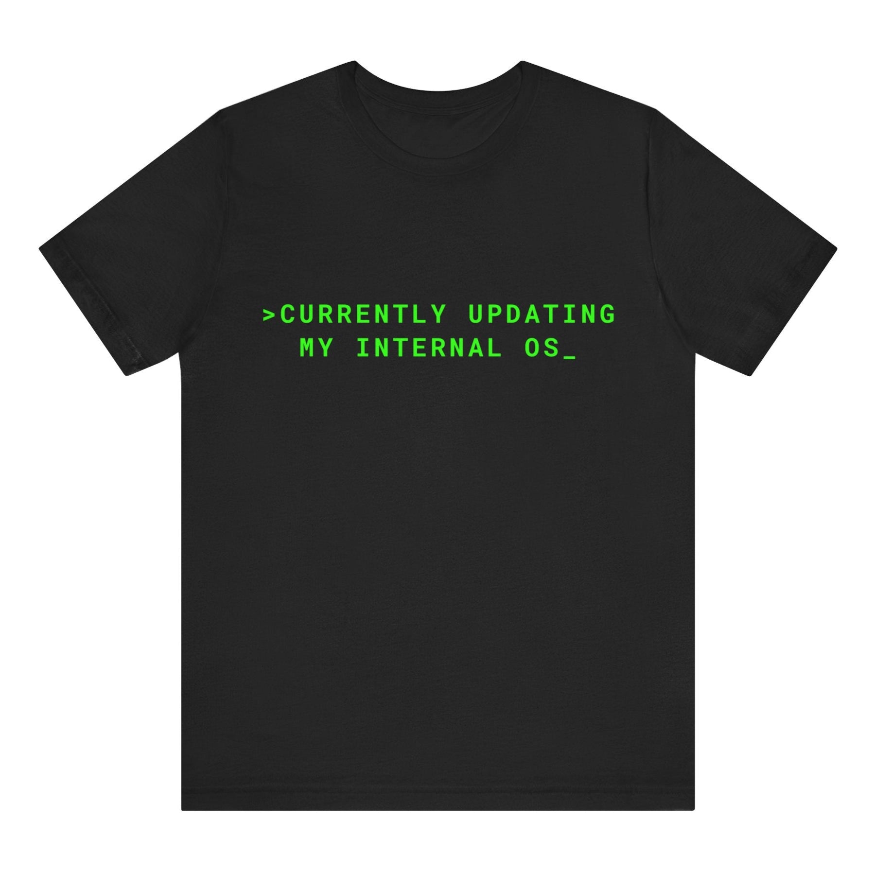 Black t-shirt with green text on a white background