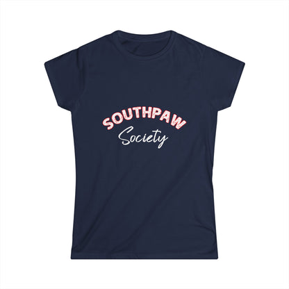 Navy blue t-shirt with 'Southpaw Society' text on a white background