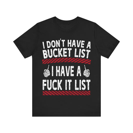 Black t-shirt with white and red text on a white background