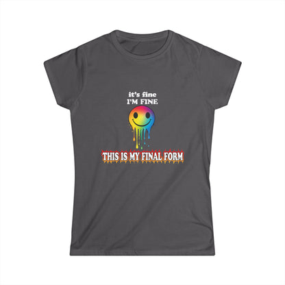 Gray t-shirt with a colorful smiley face and text on a white background