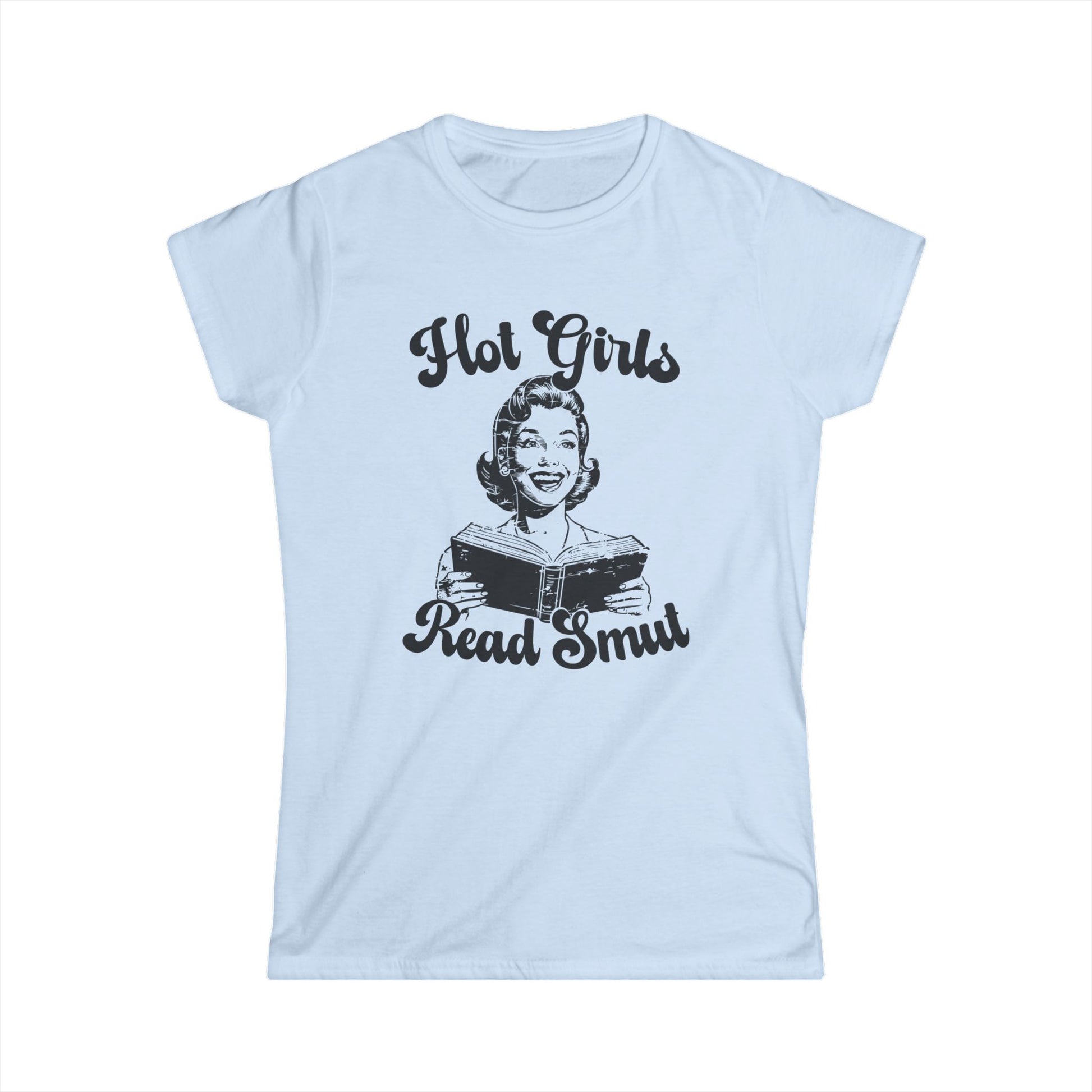 Light blue t-shirt with black graphic and text on a white background
