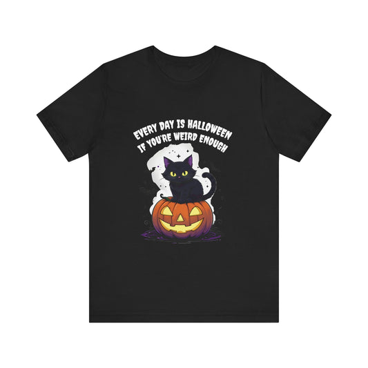 Black t-shirt with Halloween design featuring a cat and text on a white background