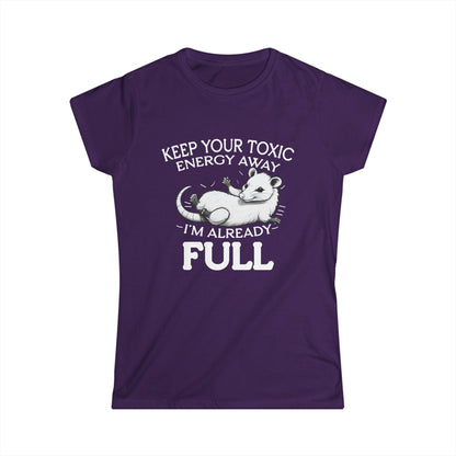 Purple t-shirt with a graphic of a sloth and text on a white background