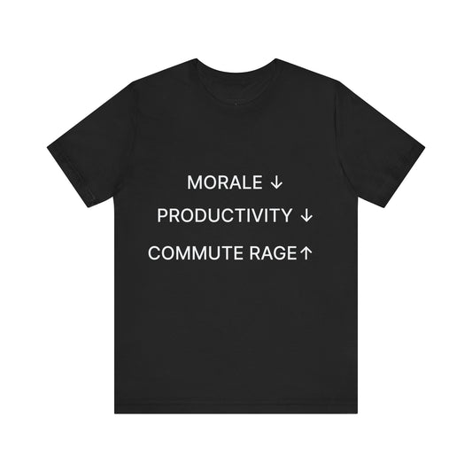 Black t-shirt with white text on a white background