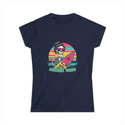 Black women's t-shirt with a graphic of a skeleton holding a surfboard and text 'Summer Vibes' against a colorful striped background.