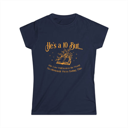 Navy blue t-shirt with yellow text and graphic on a white background
